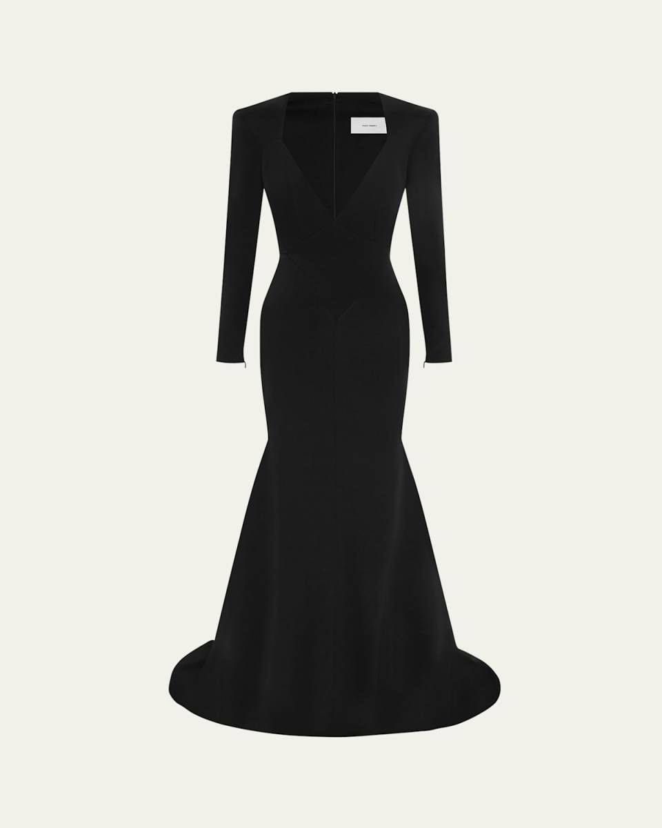 Long Sleeve Mermaid Satin Crepe Paneled Gown